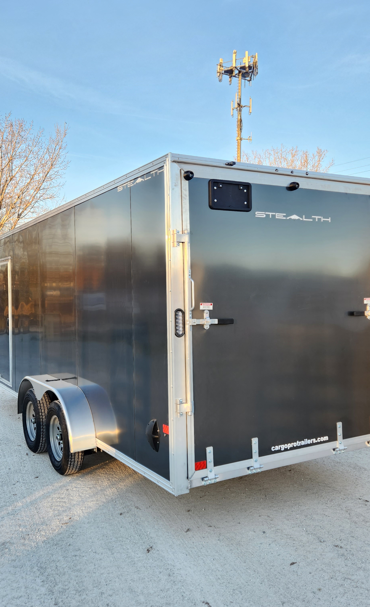 2024 Stealth 7 x 18 Tandem Axle All Aluminum 3 Place Snowmobile Trailer with 9 Inch Extra Height and White Vinyl Walls- Charcoal